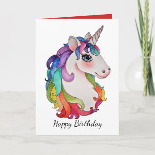 Cartão Watercolor Unicorn Com Cabelo Arco-Íris