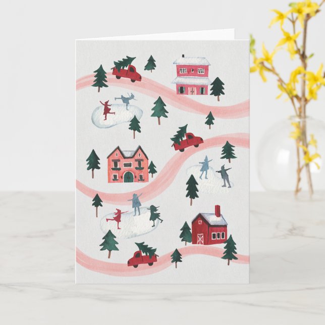 Cartão Watercolor Winter Village Scene Holiday Card (Flor Amarela)