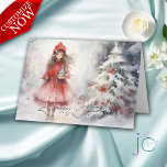 Cartão Watercolor Winter Wonderland Christmas Sprite<br><div class="desc">Na vila dos pequenos,  está esta linda picante vestida de vermelho - parada com uma árvore de Natal nevada,  flores vermelhas decorando-a,  ela dá as boas-vindas a você com uma pote de chá.</div>