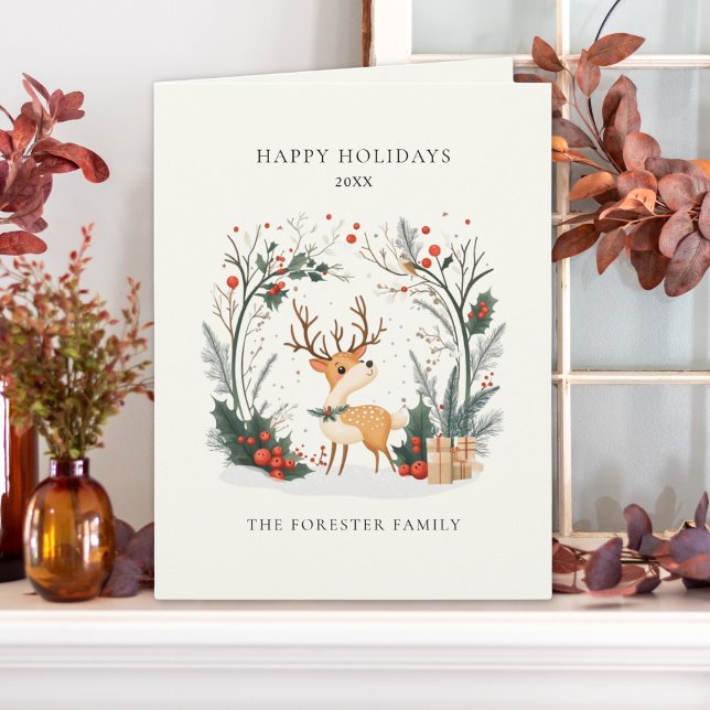 Cartão Watercolor Winter Woodland Happy Holidings Saudaçã (Criador carregado)