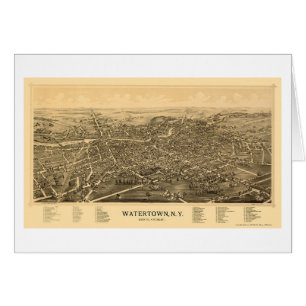 Cartão Watertown, mapa panorâmico de NY - 1891