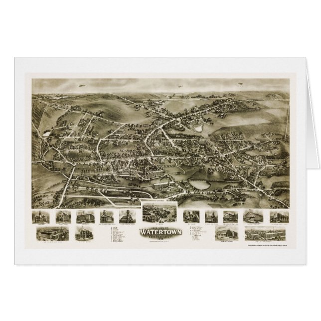 Cartão Watertown, mapa panorâmico do CT - 1918 (Frente Horizontal)