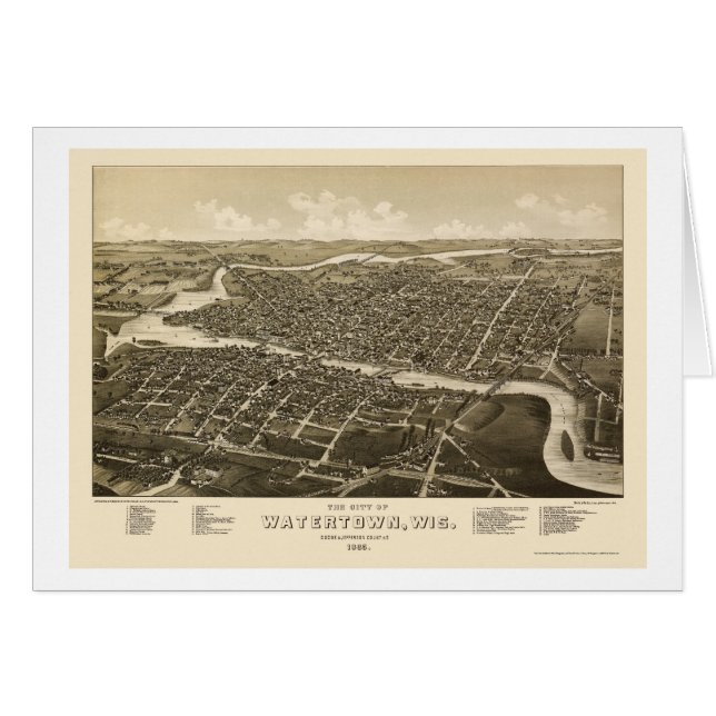 Cartão Watertown, mapa panorâmico dos WI - 1885 (Frente Horizontal)