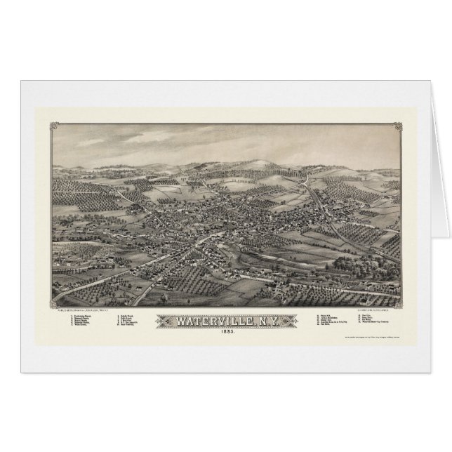 Cartão Waterville, mapa panorâmico de NY - 1885 (Frente Horizontal)