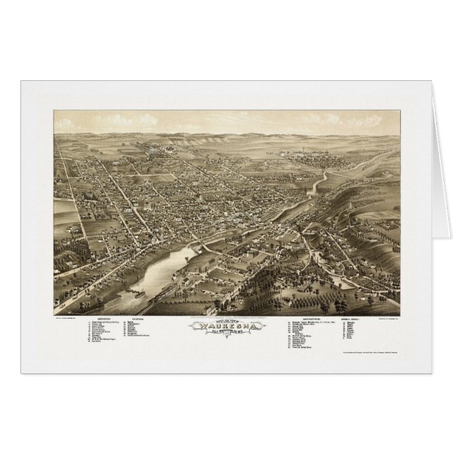 Cartão Waukesha, mapa panorâmico dos WI - 1880 (Frente Horizontal)