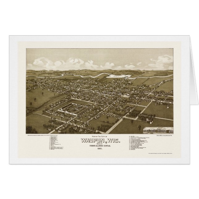 Cartão Waupun, mapa panorâmico dos WI - 1885 (Frente Horizontal)