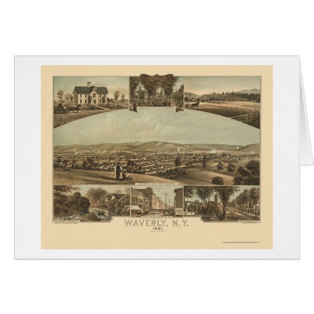 Cartão Waverly, mapa panorâmico de NY - 1881 (Frente Horizontal)