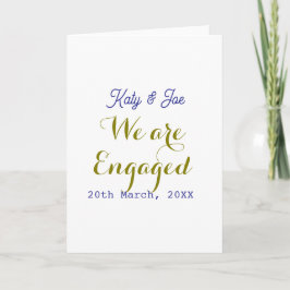 Cartão We are Engaged purple gold name date elegant simpl