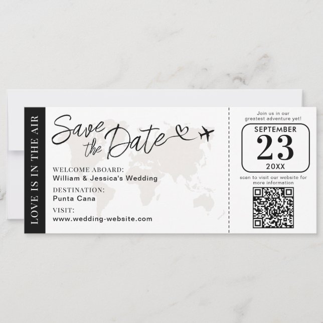 Cartão Wedding Boarding Pass Save The Date With QR Code (Frente)