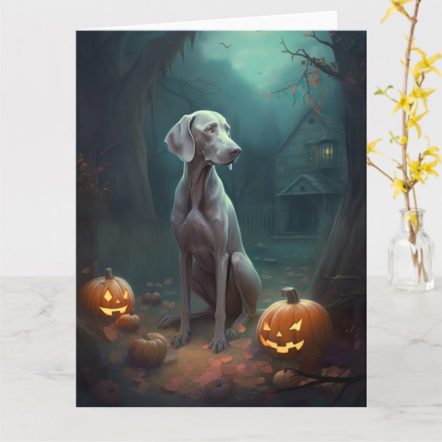Cartão Weimaraner de Halloween com Abóboras Assustador (Flor Amarela)