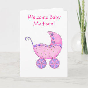Cartão Welcome Baby Girl Name Personalized Pink Buggy