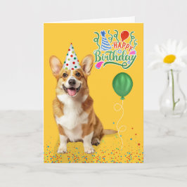 Cartão Welsh Corgi Dog in a Party Hat on Yellow Birthday