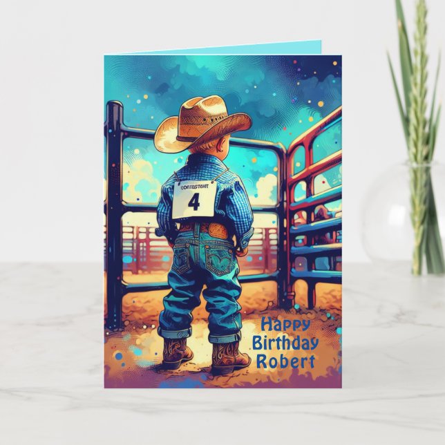 Cartão Western Little Cowboy 4º Aniversário Personalizado (Frente)