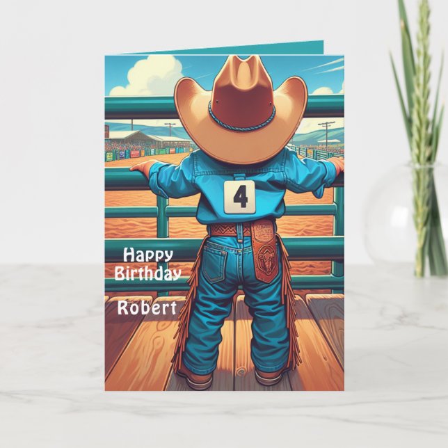 Cartão Western Little Cowboy 4º Aniversário Personalizado (Frente)