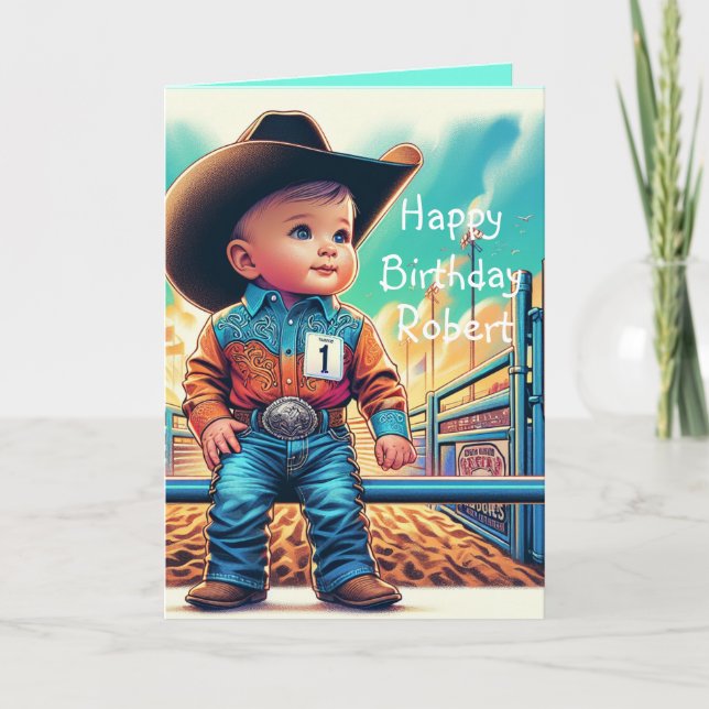 Cartão Western Little Cowboy Primeiro Aniversário Persona (Frente)