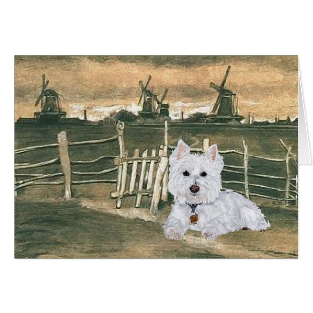 Cartão Westie com Moinhos de Vento (Frente Horizontal)