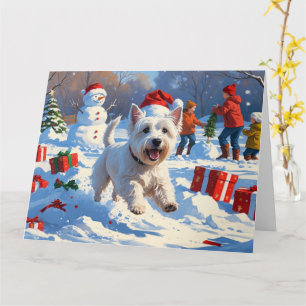 Cartão Westie Correndo na Neve com Chapéu de Natal