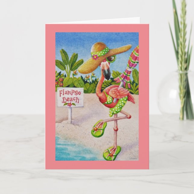 Cartão Whimsical Beach Babe Pink Flamingo No 2 Art (Frente)