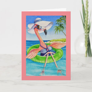 Cartão Whimsical Beach Babe Pink Flamingo No 3 Art