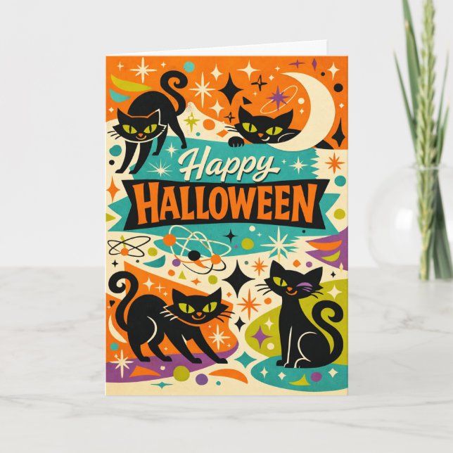 Cartão Whimsical Black Cat Atomic Age Halloween (Frente)