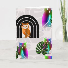 Cartão Whimsical Boho Owl & Tropical Monstera Leaf