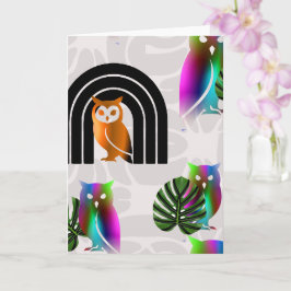 Cartão Whimsical Boho Owl & Tropical Monstera Leaf