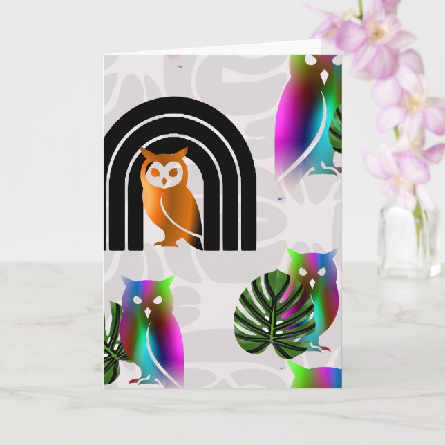Cartão Whimsical Boho Owl & Tropical Monstera Leaf (Orquídea)
