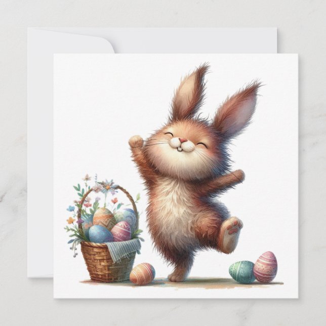 Cartão Whimsical Bunny and Basket of Eggs Easter Greeting (Frente)