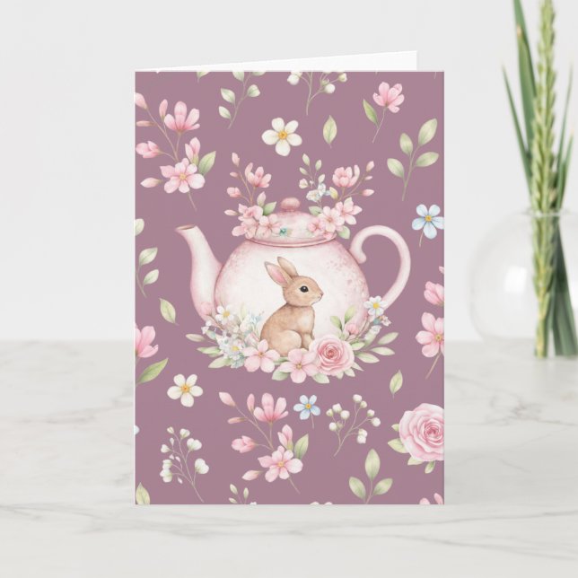 Cartão Whimsical Bunny Pink Teapot Floral Easter  (Frente)
