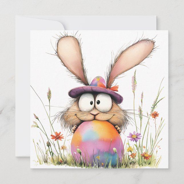 Cartão Whimsical Bunny with Decorated Egg Easter Greeting (Frente)