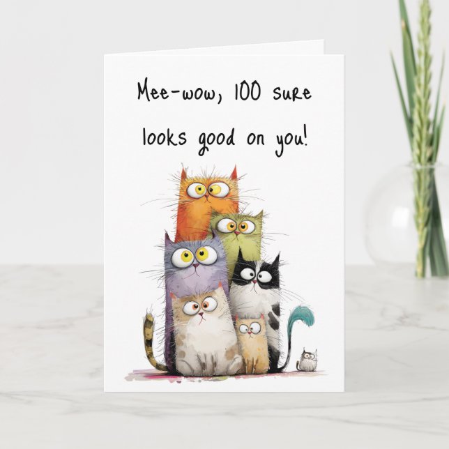 Cartão Whimsical Cats Big Eyes 100th Birthday Greeting (Frente)