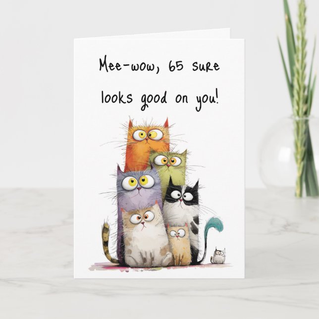 Cartão Whimsical Cats Big Eyes 65th Birthday Greeting (Frente)