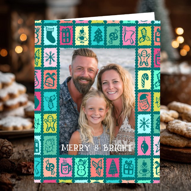 Cartão Whimsical Christmas Grid Cute Custom PHOTO Message (Whimsical Christmas Grid Cute Custom PHOTO Message Folded Holiday Card
)