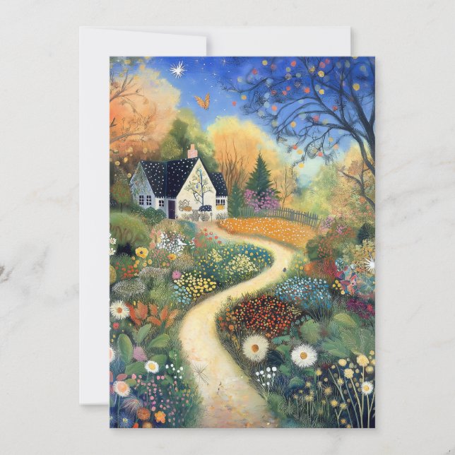 Cartão Whimsical Country Cottage Scene Hello Flat (Frente)