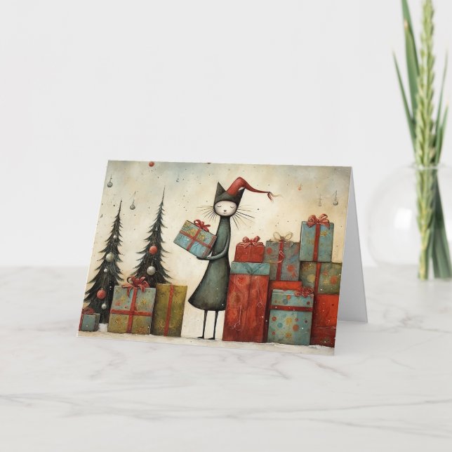 Cartão Whimsical Cute Cat with Christmas Gifts and Tree  (Frente)