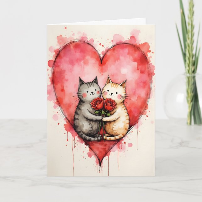 Cartão Whimsical Cute Cats Valentine Hearts and Red Roses (Frente)