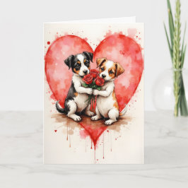 Cartão Whimsical Cute Dogs Valentine Hearts and Red Roses