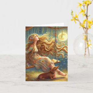 Cartão Whimsical Dachshund e Girl baixáveis