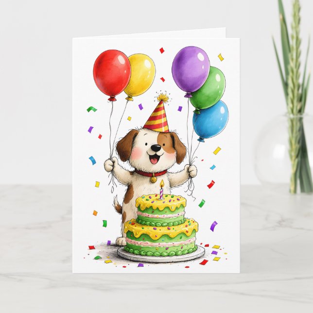 Cartão Whimsical Dog Party Hat Cake Balloons Birthday (Frente)