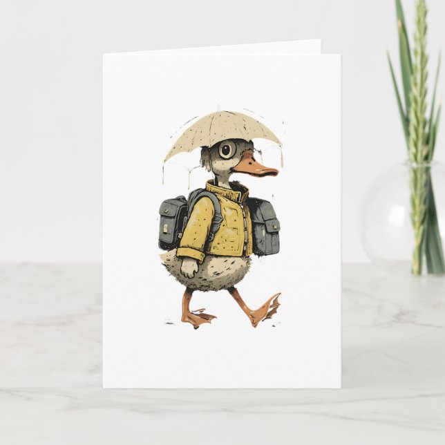 Cartão Whimsical Duck Walking in Rain Art (Frente)