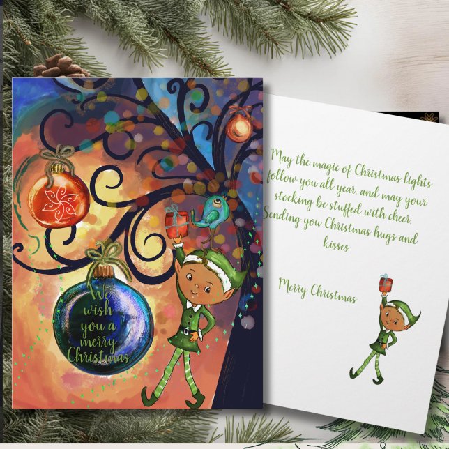 Cartão Whimsical Elf Holding Gift & Bird Christmas Card (Whimsical Elf Holding Gift & Bird Christmas Card)
