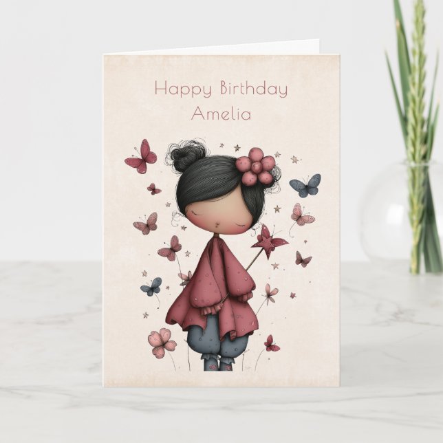 Cartão Whimsical Fairy Doll Retro Cute Birthday (Frente)
