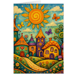 Cartão Whimsical Fairy Tale Village Colorful Canvas Art