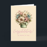 Cartão Whimsical Flowers in a Planter Pot Cute Graduation<br><div class="desc">Graduation card with a cute image. Blue. pink and cream colored flowers with green leaves. Set inside a green flower pot with a green plaid cloth hanging over the side.</div>