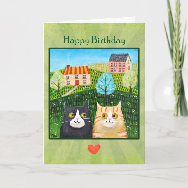 Cartão Whimsical Folk Art Cats Custom Message birthday  (Frente)