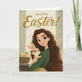 Cartão Whimsical Girl and Baby Bunny Easter Greeting