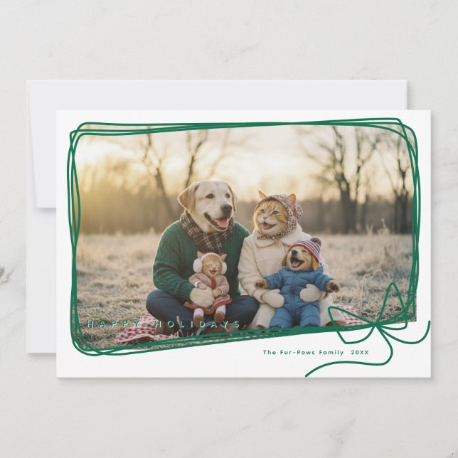 Cartão Whimsical Green Ribbon Frame Holiday Photo (Frente)