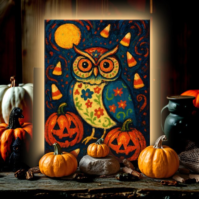 Cartão Whimsical Halloween Owl Folk Art Candy Corn Night (Whimsical folk art owl under moonlight with pumpkins, candy, and blooms for Halloween cheer.)