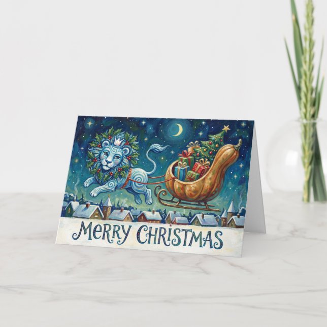 Cartão Whimsical Lion Pulling Sleigh Christmas Card (Frente)