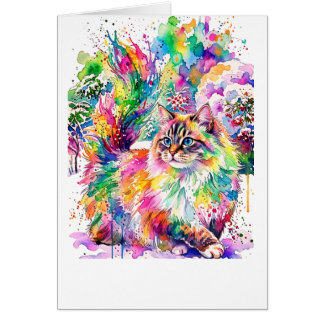 Cartão Whimsical Rainbow Watercolor Fluffy Cat in Winter 